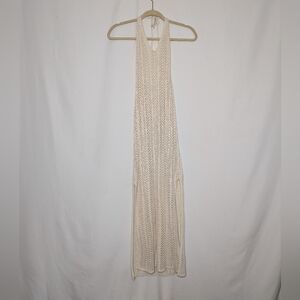 Womens Cream Tan Crochet Knit Halter Neck Boho Maxi Swim Cover Up Dress S